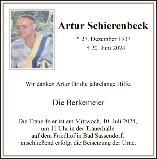 Todesanzeige von Artur Schierenbeck von WA