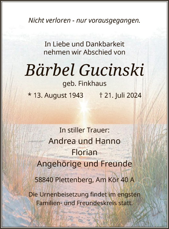 Todesanzeige von Bärbel Gucinski von WA