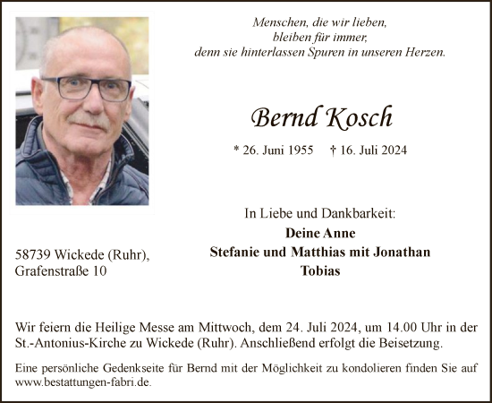 Todesanzeige von Bernd Kosch von WA