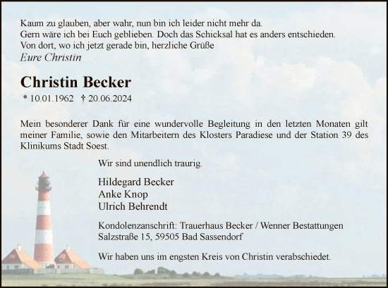Todesanzeige von Christin Becker von WA