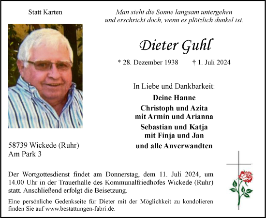 Todesanzeige von Dieter Guhl von WA