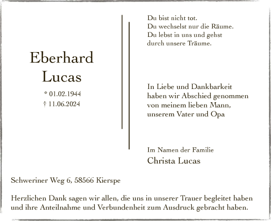 Todesanzeige von Eberhard Lucas von WA