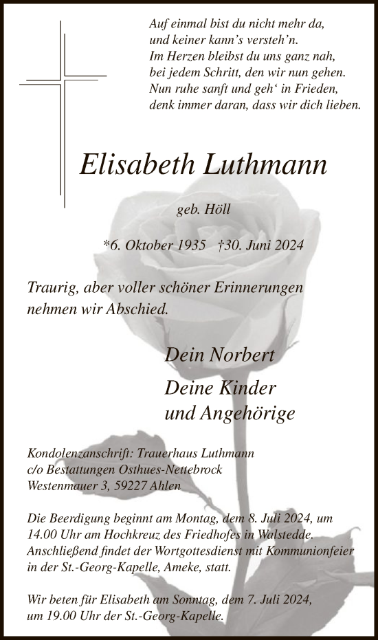 Todesanzeige von Elisabeth Luthmann von WA