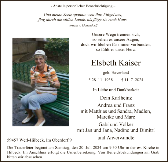 Todesanzeige von Elsbeth Kaiser von WA
