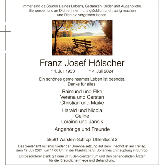 Todesanzeige von Franz Josef Hölscher von WA