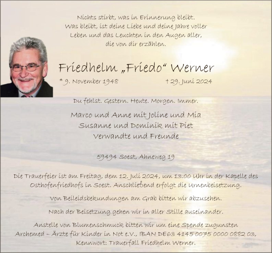 Todesanzeige von Friedhelm Werner von WA
