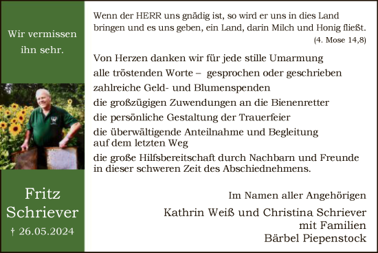 Todesanzeige von Fritz Schriever von WA