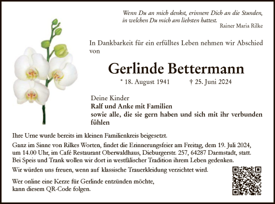 Todesanzeige von Gerlinde Bettermann von WA