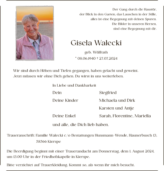 Todesanzeige von Gisela Walecki von WA