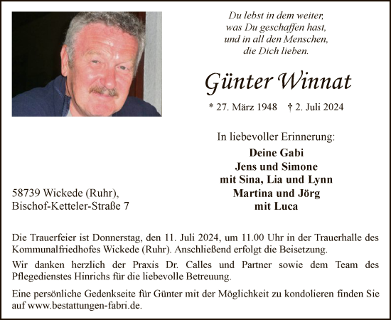 Todesanzeige von Günter Winnat von WA