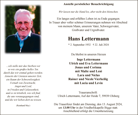 Todesanzeige von Hans Lettermann von WA
