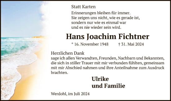 Todesanzeige von Hans Joachim Fichtner von WA