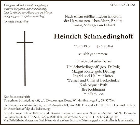 Todesanzeige von Heinrich Schmiedinghoff von WAWA