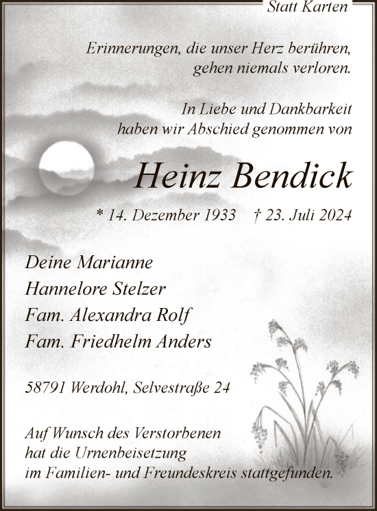 Todesanzeige von Heinz Bendick von WA
