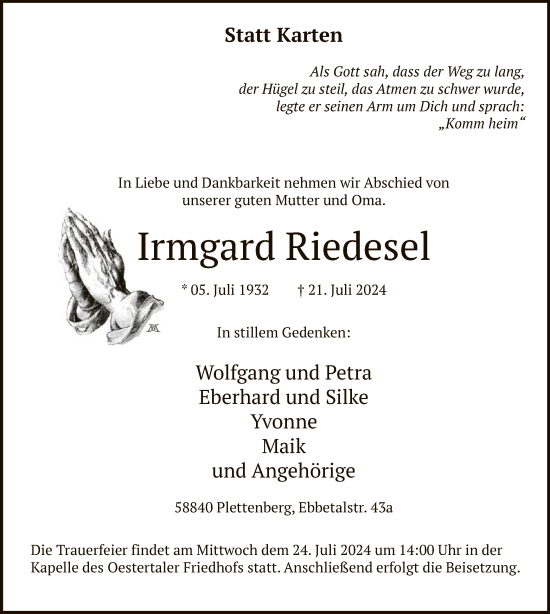 Todesanzeige von Imgard Riedesel von WA