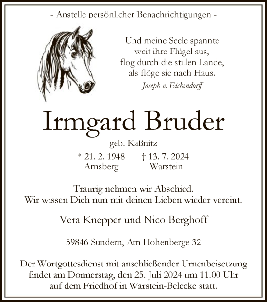 Todesanzeige von Irmgard Bruder von WAWA