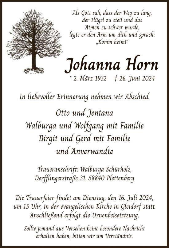 Todesanzeige von Johanna Horn von WA
