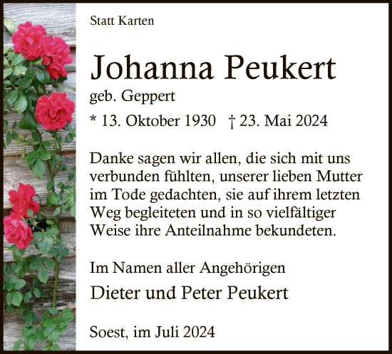 Todesanzeige von Johanna Peukert von WA