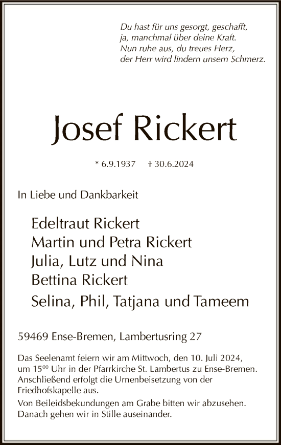 Todesanzeige von Josef Rickert von WA