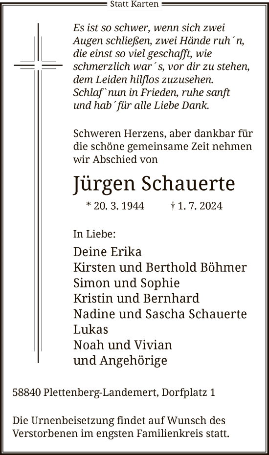 Todesanzeige von Jürgen Schauerte von WAWA