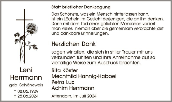 Todesanzeige von Leni Herrmann von WA
