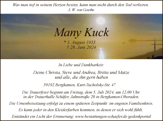 Todesanzeige von Many Kuck von WA