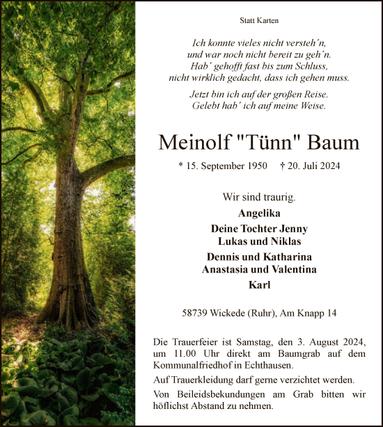 Todesanzeige von Meinolf Baum von WA