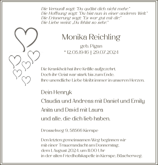 Todesanzeige von Monika Reichling von WA