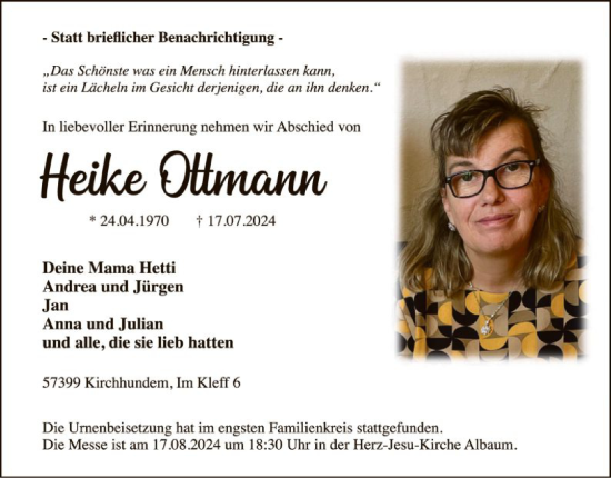Todesanzeige von Ottmann Heike von WA