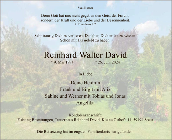 Todesanzeige von Reinhard Walter David von WA