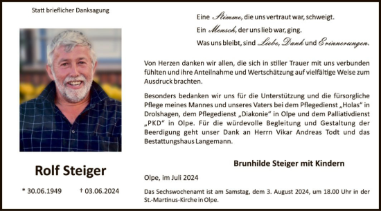 Todesanzeige von Rolf Steiger von WA