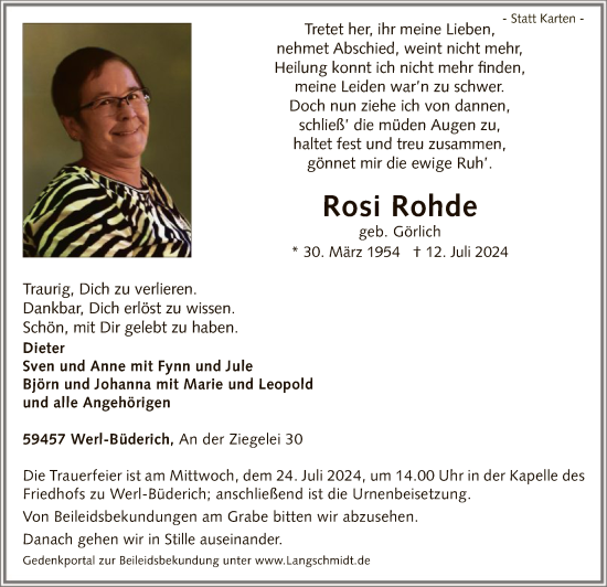 Todesanzeige von Rosi Rohde von WA