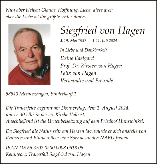 Todesanzeige von Siegfried von Hagen von WA