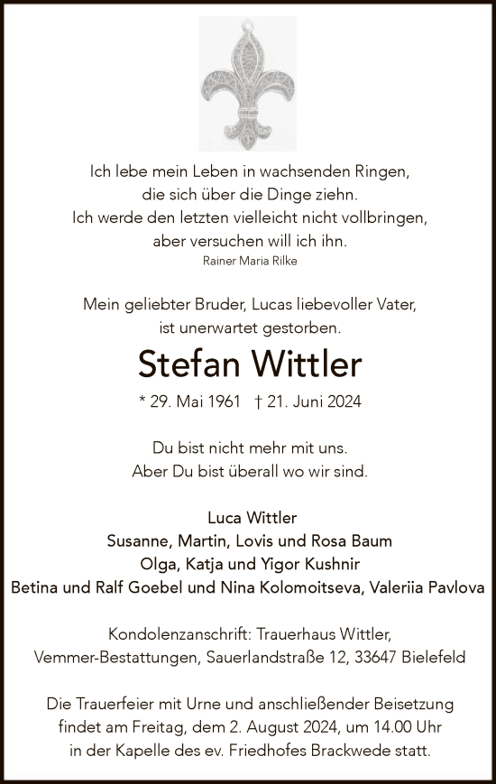 Todesanzeige von Stefan Wittler von WAWA