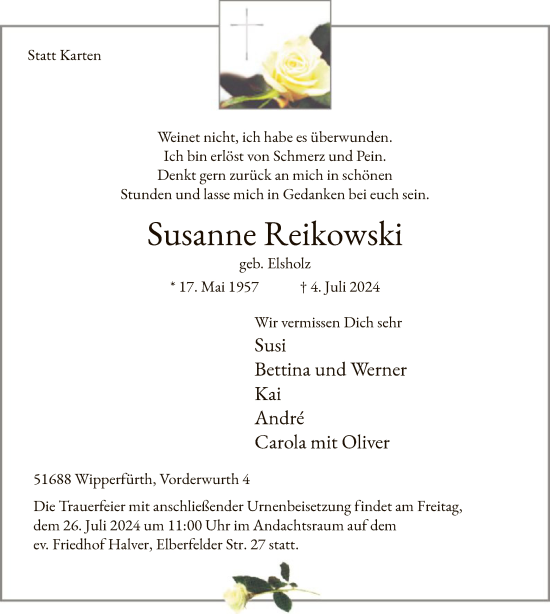 Todesanzeige von Susanne Reikowski von WA