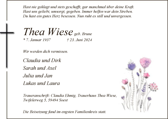 Todesanzeige von Thea Wiese von WA