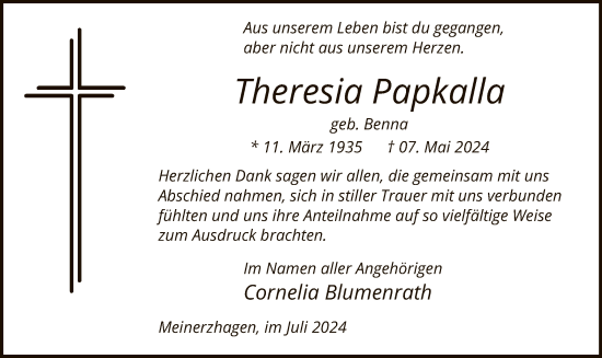 Todesanzeige von Theresia Papkalla von WA