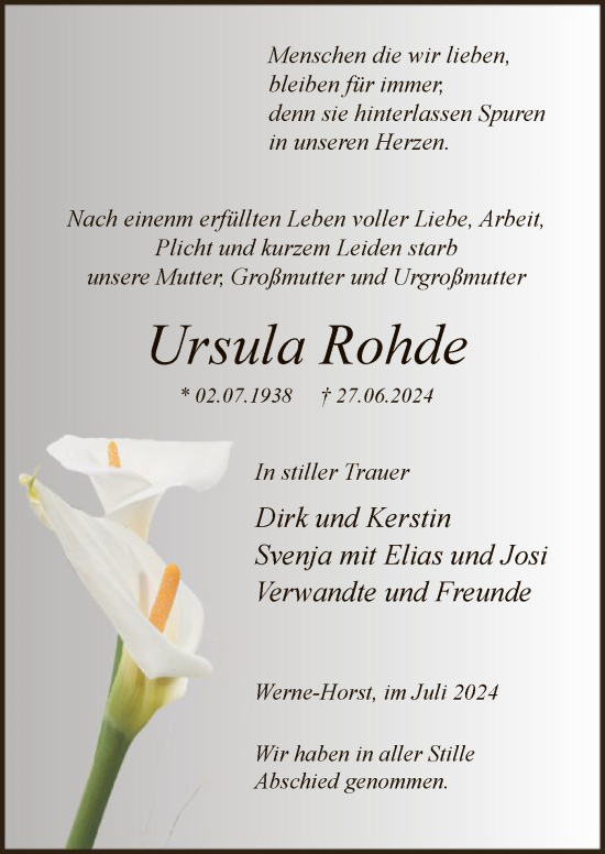 Todesanzeige von Ursula Rohde von WA