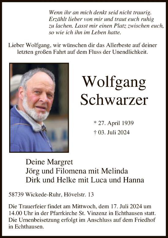 Todesanzeige von Wolfgang Schwarzer von WA