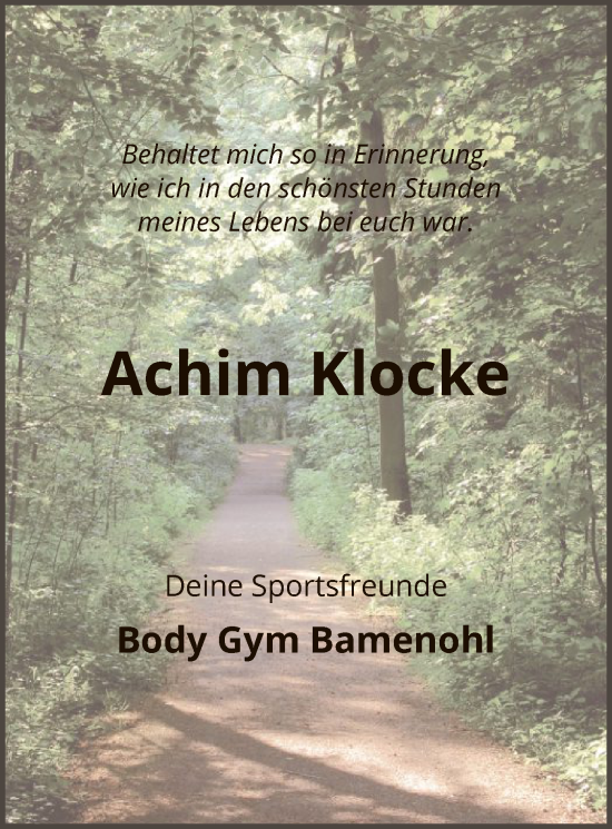Todesanzeige von Achim Klocke von WA