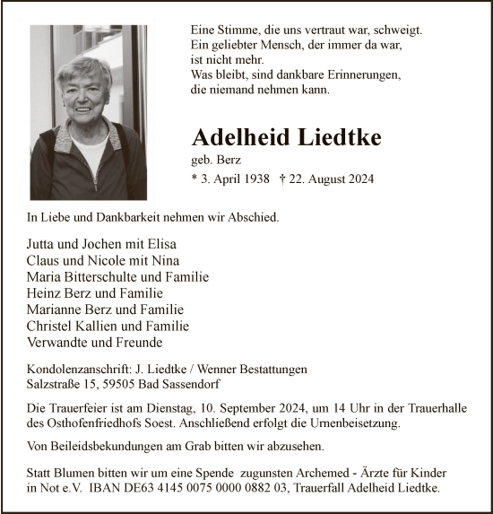 Todesanzeige von Adelheid Liedtke von WA