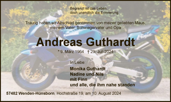 Todesanzeige von Andreas Guthardt von WA