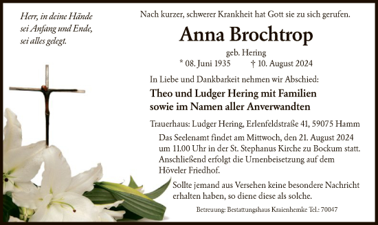 Todesanzeige von Anna Brochtrop von WA