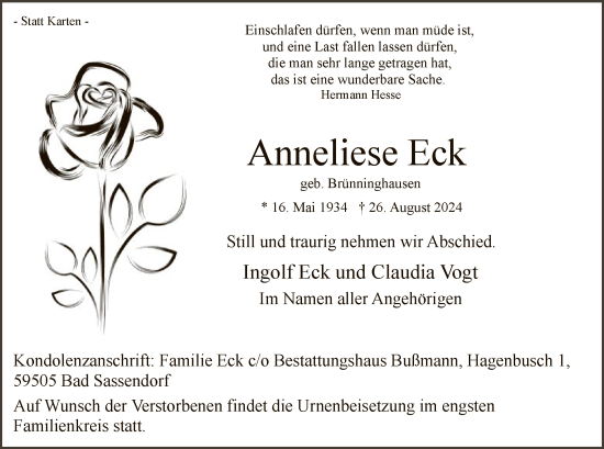 Todesanzeige von Anneliese Eck von WA