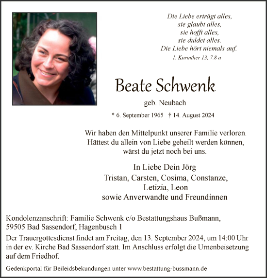 Todesanzeige von Beate Schwenk von WA