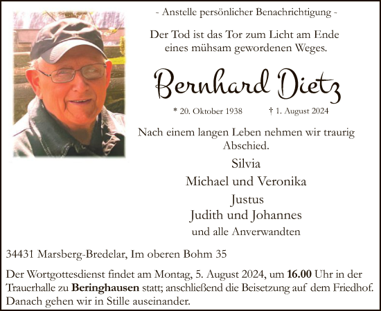 Todesanzeige von Bernhard Dietz von WA