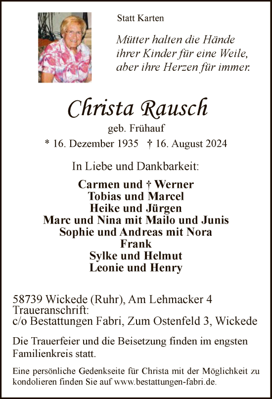 Todesanzeige von Christa lausch von WA