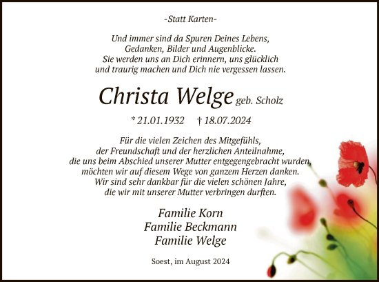 Todesanzeige von Christa Welge von WA