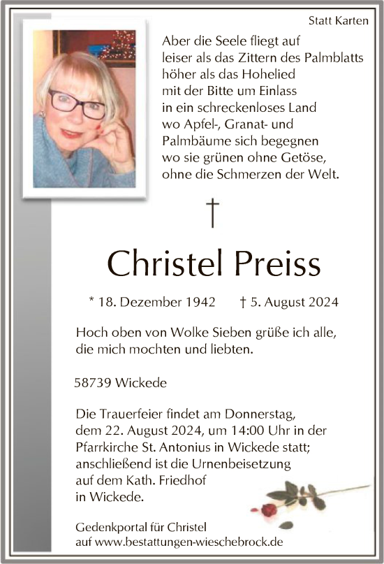 Todesanzeige von Christel Preiss von WA
