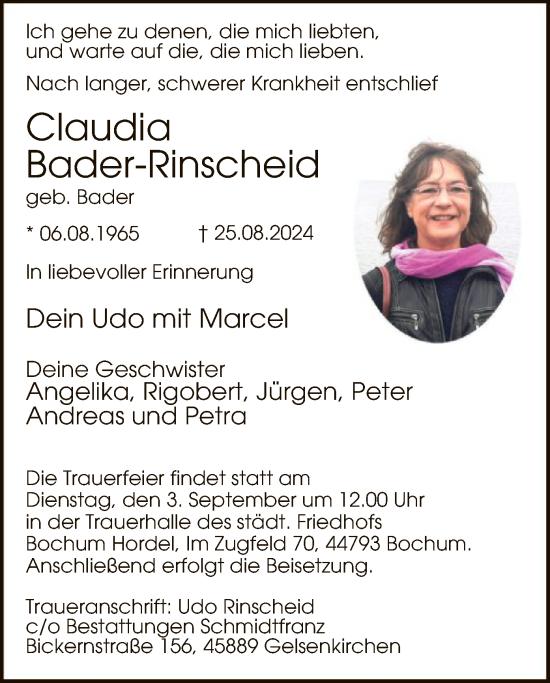 Todesanzeige von Claudia Bader-Rinscheid von WA